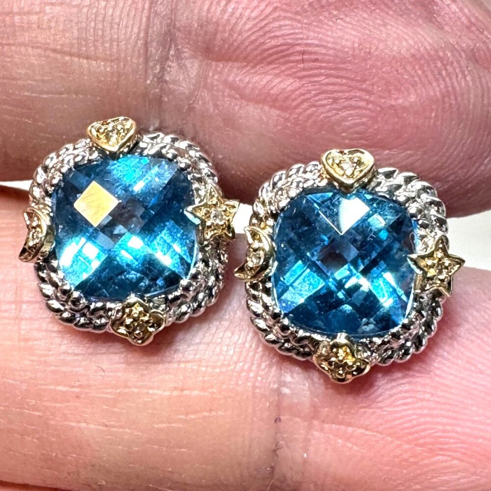 14K White & Yellow Gold Topaz & Diamond Star Moon Flower Heart Stud Earrings